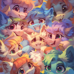 Size: 1024x1024 | Tagged: safe, ai content, derpibooru import, generator:pony diffusion v6 xl, generator:purplesmart.ai, generator:stable diffusion, machine learning generated, pony, chest fluff, colorful, ear fluff, ears, fluffy, pile, prompter:loxaxs, smiling