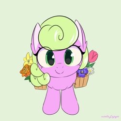 Size: 1000x1000 | Tagged: safe, artist:nutellaenjoyer, derpibooru import, daisy, flower wishes, earth pony, pony, g4, chest fluff, cute, female, flower, green background, looking at you, mare, simple background, smiling, smiling at you, solo