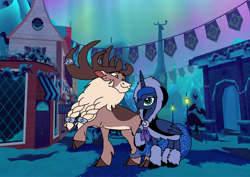 Size: 1414x1000 | Tagged: safe, artist:zetikoopa, derpibooru import, princess luna, alicorn, deer, reindeer, them's fightin' herds, g4, aurora borealis, clothes, community related, duo, female, male, mare, night, night sky, reine city, shipping, sky, snow, stronghoof hoofstrong (tfh), winter outfit