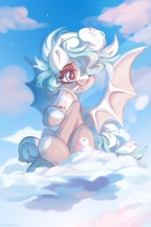 Size: 1365x2048 | Tagged: safe, artist:vanilla-chan, derpibooru import, oc, oc only, bat pony, pony, bat pony oc, bubble tea, cloud, cute, drink, drinking, frog (hoof), hoof fluff, hoof hold, ocbetes, on a cloud, sitting, sitting on cloud, sky, smiling, solo, spread wings, straw, underhoof, wings