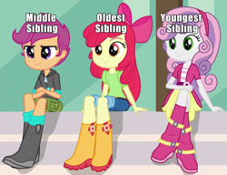 Size: 750x575 | Tagged: safe, derpibooru import, edit, edited screencap, screencap, apple bloom, scootaloo, sweetie belle, human, equestria girls, friendship games, g4, bow, clothes, denim, female, hair bow, headband, jeans, long hair, op has an opinion, pants, shirt, short hair, shorts, skirt, t-shirt, trio, trio female