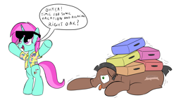 Size: 3500x2000 | Tagged: safe, artist:amateur-draw, derpibooru import, oc, oc only, oc:belle boue, oc:oak wood, earth pony, unicorn, bipedal, clothes, exhausted, hawaiian shirt, horn, male, shirt, simple background, speech bubble, stallion, suitcase, sunglasses, sweat, sweatdrop, text, tired, tongue, tongue out, white background