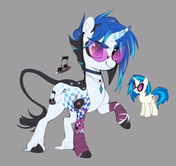 Size: 2048x1929 | Tagged: safe, artist:xcolorblisssketchx, derpibooru import, dj pon-3, vinyl scratch, classical unicorn, pony, unicorn, g4, alternate cutie mark, alternate design, alternate hairstyle, bandage, choker, cloven hooves, coat markings, colored eyebrows, colored hooves, colored horntip, curved horn, cutie mark, ear piercing, earring, eye clipping through hair, eyebrows, eyelashes, female, glasses, gray background, grin, hooves, horn, jewelry, leonine tail, looking up, mare, necklace, piercing, raised hoof, raised leg, redesign, reference sheet, reference used, simple background, smiling, solo, standing, tail, tattoo, unshorn fetlocks, vinyl's glasses