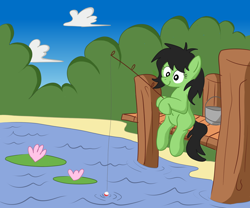 Size: 1730x1440 | Tagged: safe, artist:dhm, derpibooru import, oc, oc only, oc:anon filly, pony, bucket, bush, cloud, cute, digital art, female, filly, fishing, fishing rod, foal, happy, lilypad, pier, pond, smiling, solo, summer, water