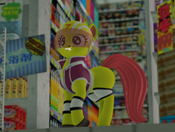 Size: 1344x1009 | Tagged: safe, artist:mosssong, derpibooru import, earth pony, pony, 3d, 7 eleven, animal crossing, clothes, crossover, female, filly (animal crossing), grin, helmet, japanese, knee pads, mare, open pony, racing suit, second life, shine, smiling, solo, store, vest