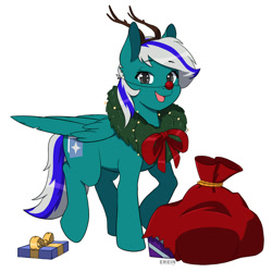 Size: 2000x2000 | Tagged: safe, artist:erein, derpibooru import, oc, oc only, oc:blue star, changeling, pegasus, pony, box, changeling oc, christmas, colored, commission, cute, flat colors, gray eyes, happy, high res, holiday, male, multicolored hair, present, red nose, simple background, smiling, solo, white background, wings