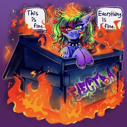 Size: 2048x2048 | Tagged: safe, artist:yumkandie, derpibooru import, oc, oc only, oc:electra, hybrid, pegabat, chest fluff, collar, dumpster, dumpster fire, ear fluff, ear piercing, ears, everything is fine, fangs, fire, fire magic, fire resistance, fluffy, folded wings, graffiti, heterochromia, mane on fire, meme, messy mane, nose piercing, original character do not steal, piercing, solo, spiked collar, this is fine, wings