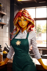 Size: 1024x1536 | Tagged: safe, ai content, derpibooru import, editor:masterdarhil, machine learning generated, sunset shimmer, equestria girls, g4, apron, breasts, cafe, clothes, coffee, female, indoors, long hair, long sleeved shirt, long sleeves, looking at you, photoshop, prompter:sammykun, recolor, shirt, shop, smiling, solo, sunset jiggler, tight clothing, white shirt, wide hips, window