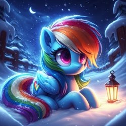 Size: 1024x1024 | Tagged: safe, ai content, derpibooru import, generator:bing image creator, generator:dall-e 3, machine learning generated, rainbow dash, pegasus, pony, g4, cute, dashabetes, female, folded wings, lantern, lying down, mare, moon, night, outdoors, prompter:nightofcore, snow, solo, stars, wings, winter, wrong cutie mark