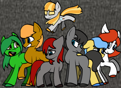 Size: 998x730 | Tagged: safe, artist:kharmacal, derpibooru import, oc, oc only, oc:gladstone, oc:grey hoof, oc:mitta, oc:roneo, oc:ruby, oc:starlet, oc:three leaf, blank flank, story of the blanks