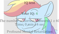 Size: 1560x916 | Tagged: artist needed, safe, derpibooru import, edit, rainbow dash, pegasus, pony, g4, academy record, bust, colored, dialogue, fast, female, flat colors, iq test, mare, meme, ponified, ponified meme, record, requested art, retarded, smug, solo, two toned background