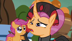 Size: 1279x720 | Tagged: artist needed, safe, anonymous artist, artist:koboldthief, derpibooru import, edit, edited screencap, screencap, sable spirit, scootaloo, pegasus, pony, unicorn, campfire tales, g4, season 7, alternate universe, clothes, curved horn, dialogue in the description, duo, duo female, empress sable spirit, female, frown, gritted teeth, hoof on cheek, horn, indigo eyes, magenta hair, magenta mane, mare, mother and child, mother and daughter, open mouth, orange coat, orange fur, orange pony, parent and child, scootalove, teeth, tired, what if, worried, young sable spirit