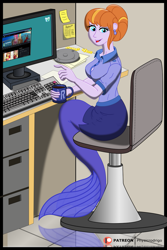 Size: 827x1238 | Tagged: safe, artist:physicrodrigo, derpibooru import, copper top, sunburst, mermaid, series:equestria mermaids, equestria girls, g4, chair, clothes, coffee mug, computer, desk, fins, fish tail, hair bun, happy, job, keyboard, looking at you, mermaid tail, mermaidized, monitor, mug, office lady, pointing, police, police officer, police uniform, post-transformation, rule 63, sitting, sitting pretty, skirt, smiling, smiling at you, solo, species swap, sunstone, table, tail, the little mermaid, working