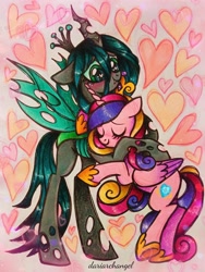 Size: 1540x2048 | Tagged: safe, artist:dariarchangel, derpibooru import, princess cadance, queen chrysalis, alicorn, changeling, changeling queen, pony, g4, bipedal, blushing, cadance's crown, colored wings, concave belly, crown, cute, cutealis, cutedance, daaaaaaaaaaaw, duo, duo female, ears, eyes closed, fangs, female, floppy ears, folded wings, gradient wings, green eyes, heart, heart eyes, height difference, hoof shoes, horn, hug, infidelity, insect wings, jewelry, lesbian, long hair, long horn, long mane, long tail, looking at someone, looking down, mare, multicolored hair, multicolored mane, multicolored tail, photo, princess shoes, raised hoof, raised leg, regalia, ship:cadalis, shipping, sketchbook, slender, smiling, spread wings, tail, tall, tattered, tattered wings, thin, three toned mane, traditional art, transparent wings, wingding eyes, wings