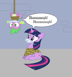 Size: 436x464 | Tagged: safe, artist:alexarmstrong2287, derpibooru import, spike, twilight sparkle, unicorn twilight, dragon, pony, unicorn, g4, 1000 hours in ms paint, bondage, bound and gagged, cloth gag, duo, duo male and female, female, gag, horn, male, muffled words, over the nose gag, speech bubble, tied up