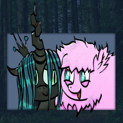 Size: 1071x1071 | Tagged: safe, artist:mannerin, derpibooru import, queen chrysalis, oc, oc:fluffle puff, changeling, changeling queen, earth pony, pony, g4, duo, duo female, female, forest background