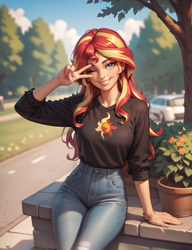 Size: 1536x2000 | Tagged: safe, ai content, derpibooru import, generator:pony diffusion v6 xl, generator:stable diffusion, machine learning generated, sunset shimmer, human, g4, anonymous prompter, clothes, denim, jeans, looking at you, one eye closed, pants, peace sign, shirt, smiling, smiling at you, solo