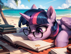 Size: 1000x768 | Tagged: safe, ai content, derpibooru import, generator:pony diffusion v6 xl, generator:stable diffusion, machine learning generated, twilight sparkle, twilight sparkle (alicorn), alicorn, pony, g4, anonymous prompter, beach, confused, ear fluff, ears, female, glasses, lying down, mare, palm tree, prone, reading, solo, tree