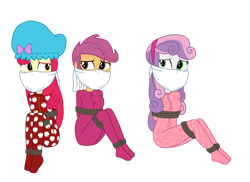 Size: 1048x762 | Tagged: safe, artist:robukun, derpibooru import, apple bloom, scootaloo, sweetie belle, human, equestria girls, g4, bondage, cloth gag, clothes, cutie mark crusaders, female, footed sleeper, footie pajamas, gag, hat, nightcap, onesie, over the nose gag, pajamas, simple background, tied up, transparent background, trio, trio female