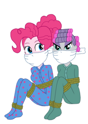 Size: 544x762 | Tagged: safe, artist:robukun, derpibooru import, maud pie, pinkie pie, human, equestria girls, g4, bondage, bound and gagged, cloth gag, clothes, duo, duo female, female, footed sleeper, footie pajamas, gag, hair bun, hair curlers, onesie, over the nose gag, pajamas, pie sisters pajamas, simple background, tied up, transparent background