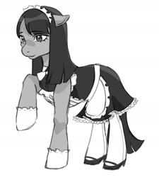 Size: 1499x1662 | Tagged: safe, artist:fleuranonette, derpibooru import, earth pony, pony, clothes, drawthread, female, grayscale, maid, mare, monochrome, raised hoof, raised leg, requested art, shading, simple background, solo, white background