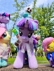 Size: 1728x2304 | Tagged: safe, artist:brella, artist:startil, derpibooru import, fluttershy, lyra heartstrings, starlight glimmer, twilight sparkle, alicorn, pegasus, unicorn, g4, clothes, dress, horn, irl, photo, plushie, socks, symbiote