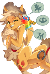 Size: 1567x2351 | Tagged: dead source, safe, artist:affti, derpibooru import, applejack, earth pony, pony, g4, apple, food, frog (hoof), grin, holding, horseshoes, jam, jar, pictogram, selling, simple background, sitting, smiling, smirk, solo, speech bubble, underhoof, white background, zap apple, zap apple jam