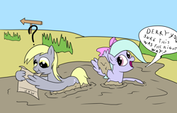 Size: 2500x1600 | Tagged: safe, artist:amateur-draw, derpibooru import, derpy hooves, flitter, pegasus, g4, beach, bow, duo, duo female, female, hair bow, map, mare, mud, quicksand, sign, sinking