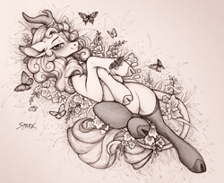 Size: 3434x2800 | Tagged: safe, artist:sparkling_light, derpibooru import, autumn blaze, butterfly, kirin, pony, g4, blushing, clothes, commission, female, flower, horn, lidded eyes, looking at you, lying down, mare, monochrome, on back, smiling, smiling at you, socks, solo, traditional art