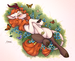 Size: 3434x2800 | Tagged: safe, artist:sparkling_light, derpibooru import, autumn blaze, butterfly, kirin, pony, g4, blushing, clothes, commission, female, flower, horn, lidded eyes, looking at you, lying down, mare, on back, slender, smiling, smiling at you, socks, solo, thin