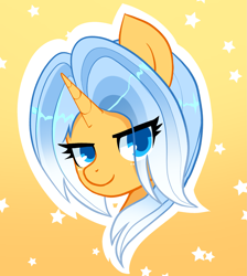 Size: 1795x1999 | Tagged: safe, artist:moocca, derpibooru exclusive, derpibooru import, oc, oc only, oc:aurore soleilevant, pony, unicorn, gradient background, head, horn, looking at you, orange coat, solo, starry background