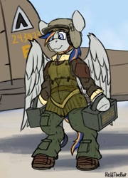 Size: 1357x1888 | Tagged: safe, artist:reddthebat, derpibooru import, oc, oc only, oc:liberty belle, pegasus, semi-anthro, clothes, helmet, hoof hold, military uniform, plane, signature, smiling, solo, uniform