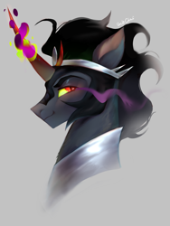 Size: 1080x1440 | Tagged: safe, artist:unclechai, derpibooru import, king sombra, pony, unicorn, g4, dark magic, gray background, horn, magic, male, simple background, solo, sombra eyes