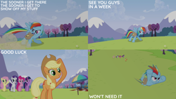 Size: 2000x1125 | Tagged: safe, derpibooru import, edit, edited screencap, editor:quoterific, screencap, applejack, fluttershy, pinkie pie, rainbow dash, rarity, twilight sparkle, unicorn twilight, unicorn, g4, season 3, wonderbolts academy, bag, book, mailbox, mane six, picnic blanket, saddle bag, umbrella