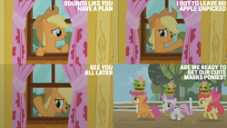 Size: 2000x1125 | Tagged: safe, derpibooru import, edit, edited screencap, editor:quoterific, screencap, apple bloom, applejack, scootaloo, sweetie belle, pony, g4, season 1, the show stoppers, clubhouse, crusaders clubhouse, cutie mark crusaders, female, fence, filly, foal, mare