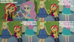 Size: 2000x1125 | Tagged: safe, derpibooru import, edit, edited screencap, editor:quoterific, screencap, applejack, fluttershy, sunset shimmer, choose your own ending, driving miss shimmer, equestria girls, g4, female, lockers, trio, trio female