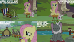 Size: 2000x1125 | Tagged: safe, derpibooru import, edit, edited screencap, editor:quoterific, screencap, angel bunny, fluttershy, harry, smoky, smoky jr., softpad, elephant, snake, g4, she talks to angel, bridge, river, stool, stream, sweet feather sanctuary, water