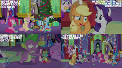 Size: 2000x1125 | Tagged: safe, derpibooru import, edit, edited screencap, editor:quoterific, screencap, applejack, discord, fluttershy, pinkie pie, princess cadance, princess flurry heart, rainbow dash, rarity, shining armor, spike, twilight sparkle, twilight sparkle (alicorn), alicorn, draconequus, dragon, earth pony, pegasus, pony, unicorn, g4, food, holly the hearths warmer doll, horn, mane six, my little pony best gift ever, present, pudding, twilight's castle, winged spike, wings