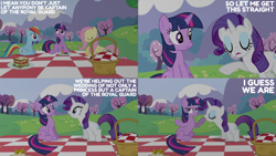 Size: 2000x1125 | Tagged: safe, derpibooru import, edit, edited screencap, editor:quoterific, screencap, fluttershy, rainbow dash, rarity, twilight sparkle, unicorn twilight, unicorn, a canterlot wedding, g4, basket, food, picnic basket, picnic blanket, sandwich