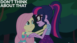 Size: 2000x1125 | Tagged: safe, derpibooru import, edit, edited screencap, editor:quoterific, screencap, fluttershy, sci-twi, twilight sparkle, choose your own ending, equestria girls, g4, stressed in show, duo, duo female, female, forest, nature, tree