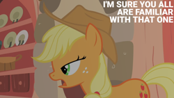 Size: 1920x1080 | Tagged: safe, derpibooru import, edit, edited screencap, editor:quoterific, screencap, applejack, earth pony, pony, g4, look before you sleep, season 1, applejack's hat, clothes, cowboy hat, female, golden oaks library, hat, mare, solo