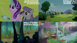 Size: 2000x1125 | Tagged: safe, derpibooru import, edit, edited screencap, editor:quoterific, screencap, maud pie, starlight glimmer, g4, rock solid friendship, duo, duo female, female, kite, kite flying, mailbox, maud's cave, pier, tree, water, waterfall