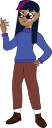 Size: 652x1612 | Tagged: safe, artist:prixy05, derpibooru import, twilight sparkle, human, g4, clothes, dark skin, female, glasses, human coloration, humanized, scarred, simple background, solo, sweater, transparent background