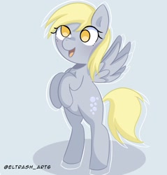 Size: 1958x2048 | Tagged: safe, artist:eltrash_art6, derpibooru import, derpy hooves, pegasus, pony, g4, bipedal, cute, derpabetes, female, gray background, mare, open mouth, simple background, solo