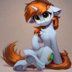 Size: 1216x1216 | Tagged: safe, ai content, derpibooru import, machine learning generated, oc, oc only, oc:littlepip, fallout equestria, g4, anonymous prompter, beautiful eyes, c:, chest fluff, cute, daaaaaaaaaaaw, ear fluff, ears, horn, looking at you, sitting, smiling, smiling at you, solo