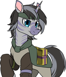 Size: 1270x1460 | Tagged: safe, artist:thescornfulreptilian, derpibooru import, oc, oc only, oc:forged nickle, hybrid, zony, bag, horn, male, saddle bag, simple background, solo, transparent background