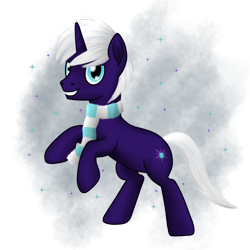 Size: 2048x2048 | Tagged: safe, artist:quantum infinitely, derpibooru import, oc, oc only, oc:night blaze, pony, unicorn, clothes, cyan eyes, grin, horn, male, male oc, purple coat, scarf, simple background, smiling, solo, stallion, striped scarf, transparent background, white mane