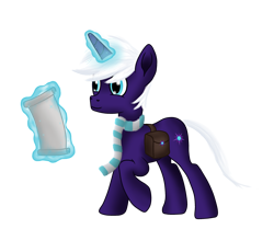 Size: 2448x2048 | Tagged: safe, artist:quantum infinitely, derpibooru import, oc, oc only, oc:night blaze, pony, unicorn, backpack, bag, clothes, cyan eyes, horn, magic, male, male oc, purple coat, saddle bag, scarf, simple background, solo, stallion, striped scarf, telekinesis, transparent background, white mane