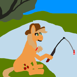 Size: 1400x1400 | Tagged: safe, artist:goofyartist4451, derpibooru import, applejack, g4, 1000 hours in ms paint, fishing, fishing rod, goofy, green eyes, lake, sitting, solo, water