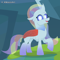 Size: 4000x4000 | Tagged: safe, artist:alejandrogmj, artist:wasisi, derpibooru import, ocellus, changedling, changeling, g4, looking at you, rainbow power, rainbow power-ified, raised hoof, raised leg, solo